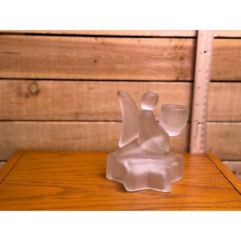 Vintage Frosted Glass Angel on Star Candlestick Holder 4.5 in